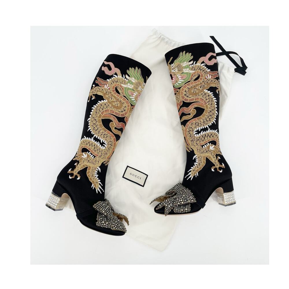 Gucci Black Candy Dragon Crystal Bow Satin Embroidered Heeled Boots EU 37
